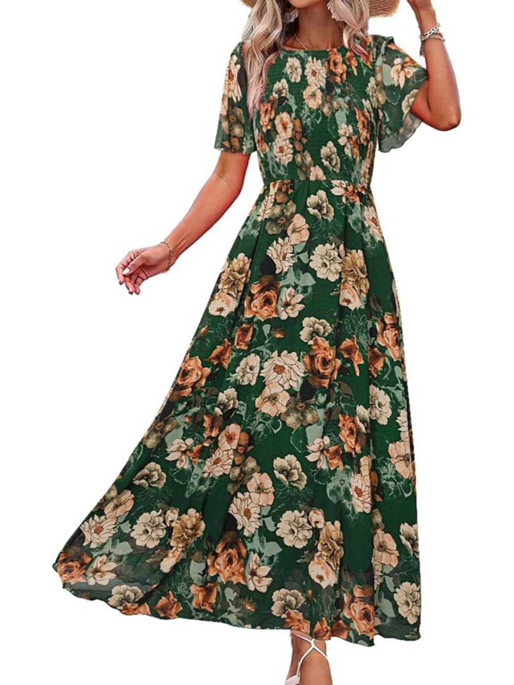 Womens Floral Green Crew Neck Floral Boho Flowy Short Sleeve Cocktail Maxi Dress - Picture 1 of 5